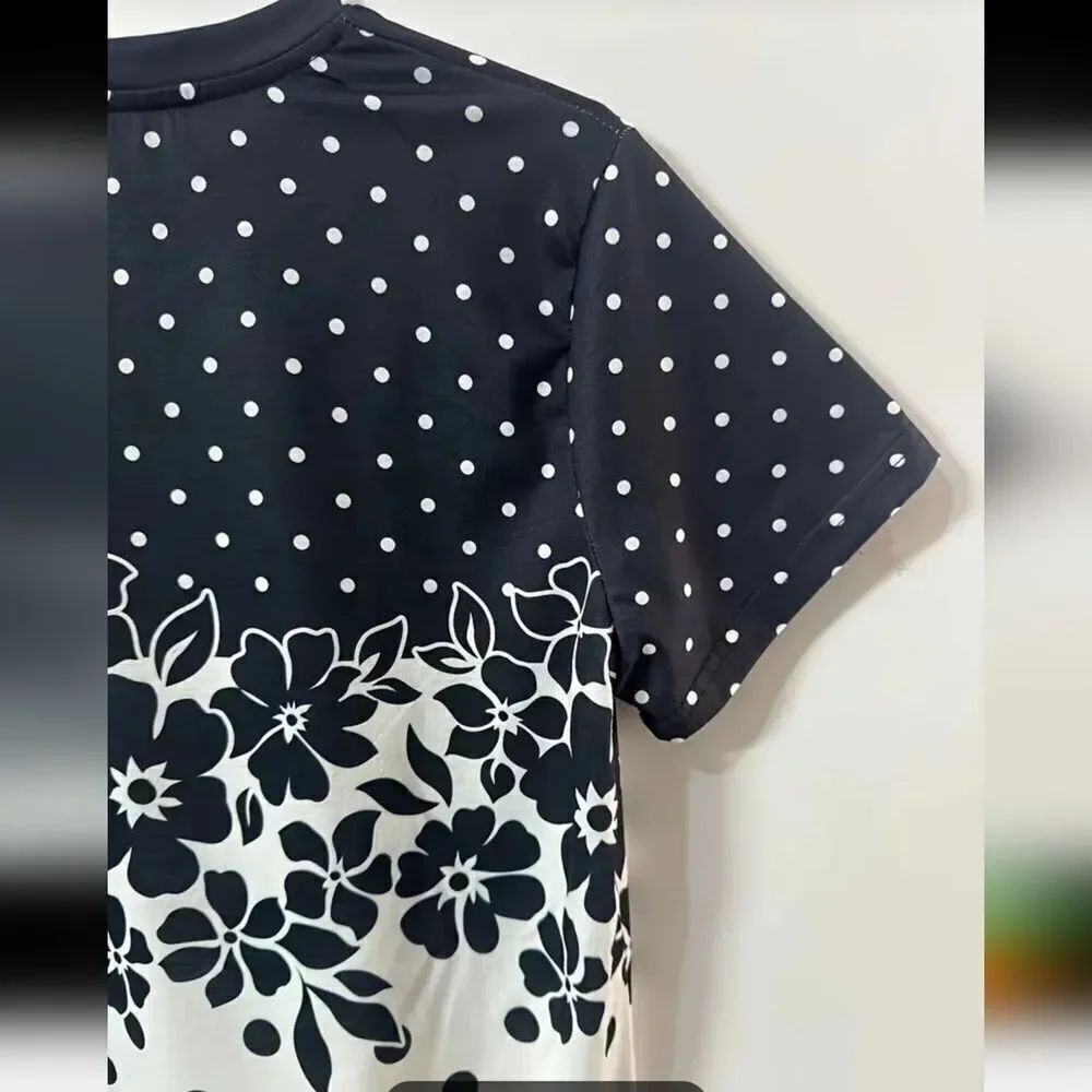 Black White Floral Polka Dot Patterned T-Shirt Sophisticated Chic - Sz 14 - Picture 3 of 4